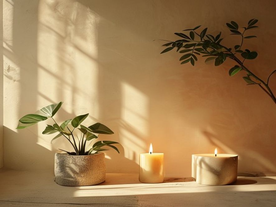 Fredelig meditasjonsplass med lys stearinlys, planter og naturlig vinduslys
