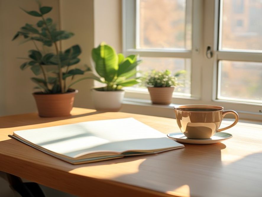 Fredelig arbeidsplass med grønn plante, kaffe og naturlig lys fra vindu