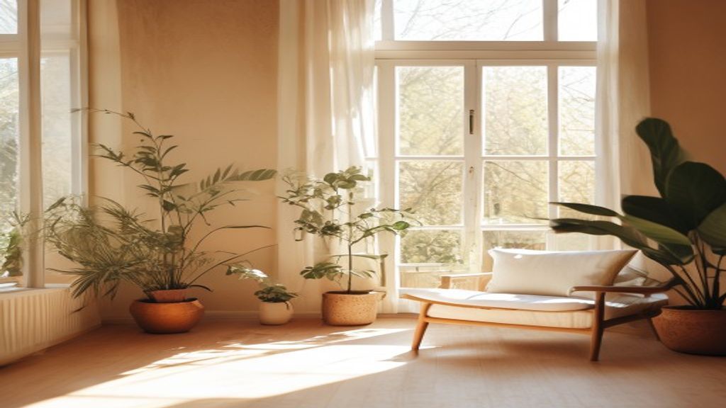 Fredfull interior med planter, naturlig lys og ren, minimalistisk design